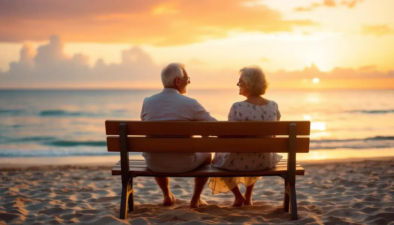 Ein älteres Ehepaar sitzt entspannt am Strand und genießt den Sonnenuntergang, während sie über ihre Anlagestrategien für den Ruhestand nachdenken. Die friedliche Atmosphäre lädt dazu ein, über die besten Anlagemöglichkeiten und die optimale Geldanlage für ein Vermögen von 500.000 Euro nachzudenken.